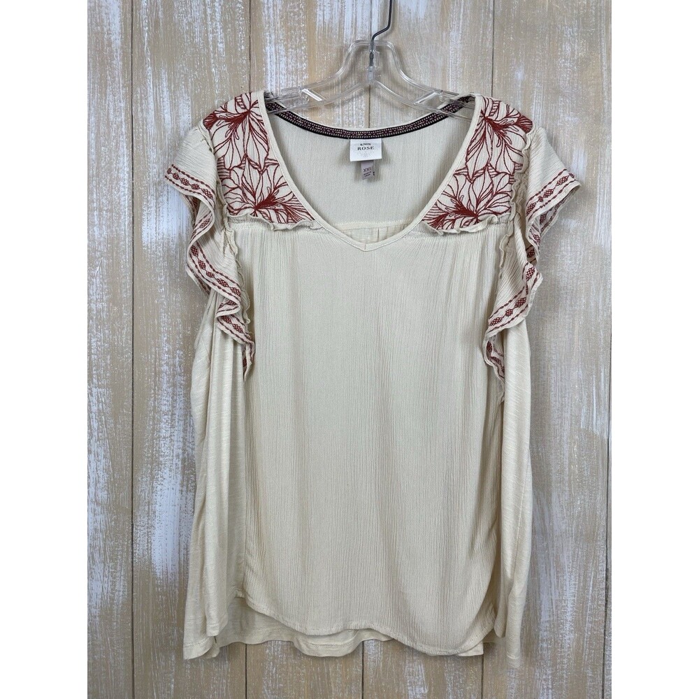 Knox Rose Womens Blouse Gauzy Top XXL Beige Embroidered Floral Flutter Sleeve